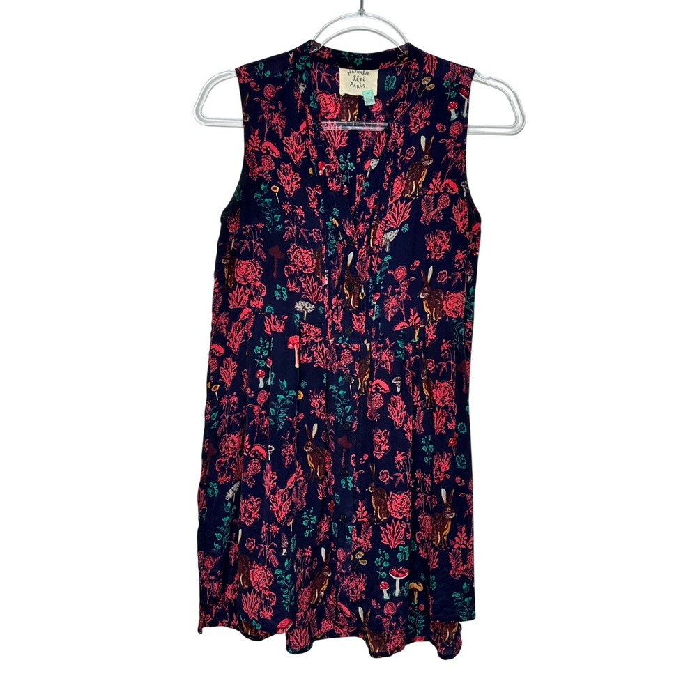 Nathalie Lete Anthropologie Silk Tunic 0 Navy Woodland Rabbit Mushroom Print